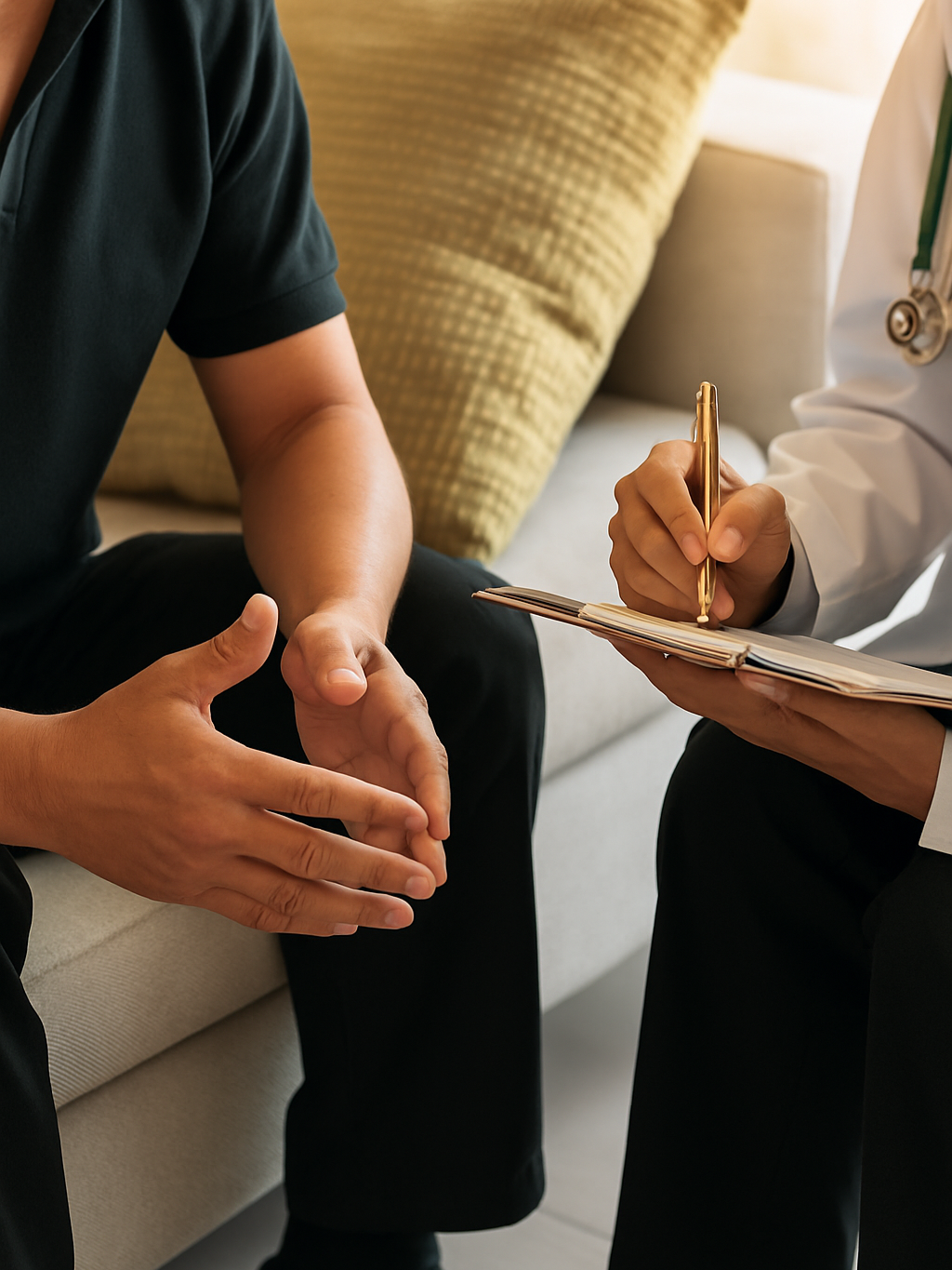 Person sitting on a couch with a medical professional holding a pen and notebook